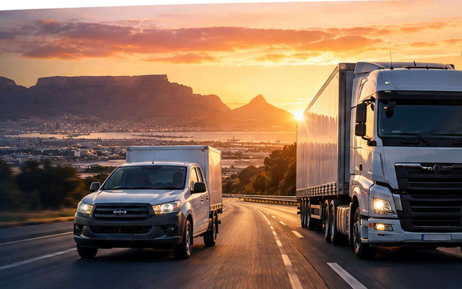 Delivery bakkie and truck on a South African road at sunset
